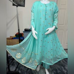 Elegant Aqua Embroidered chiffon maxi Dress